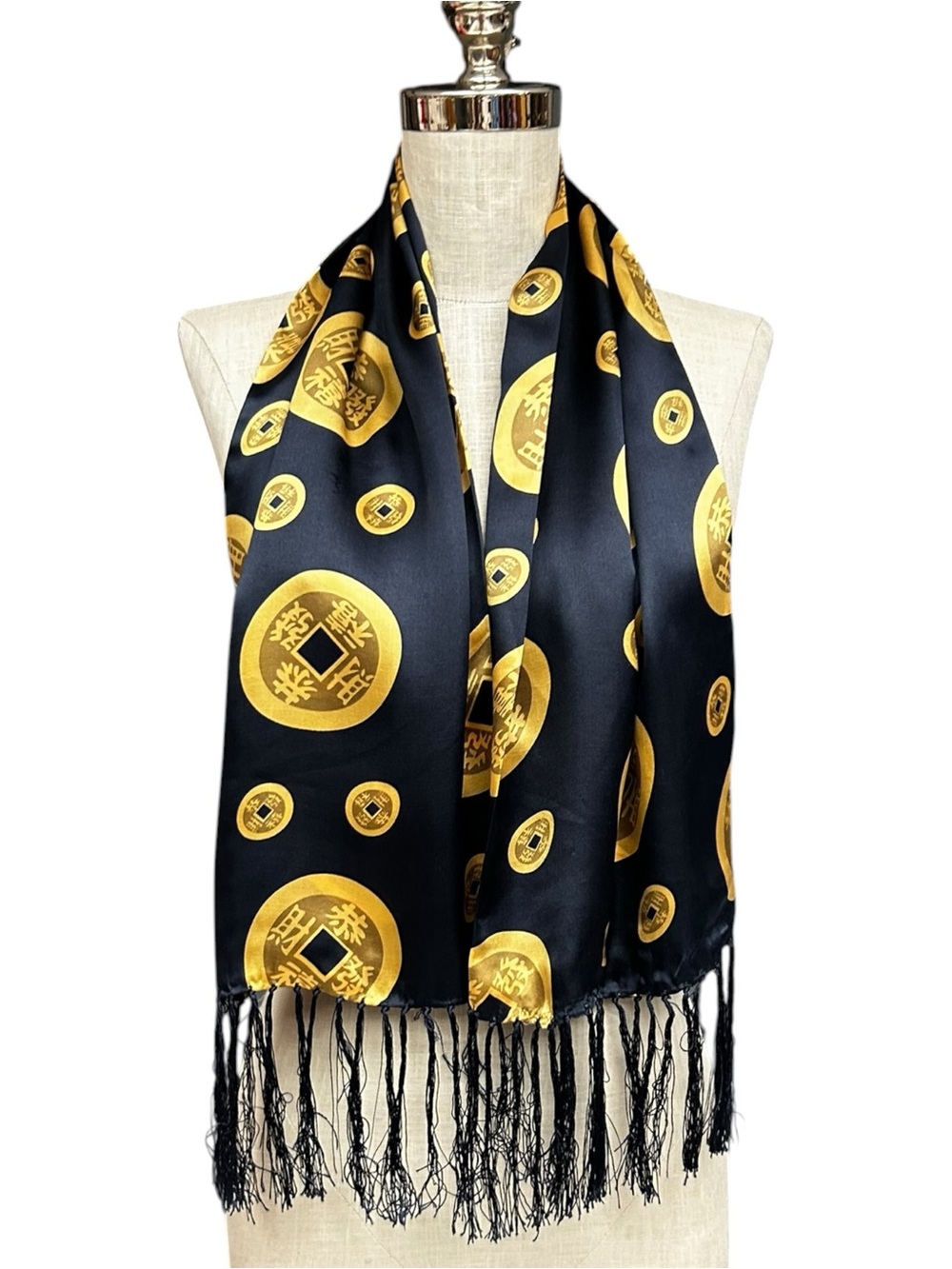 Black Gold Silk Feng Shui Coin Scarf Chinese Lucky Coin Fringe Wrap 44x11